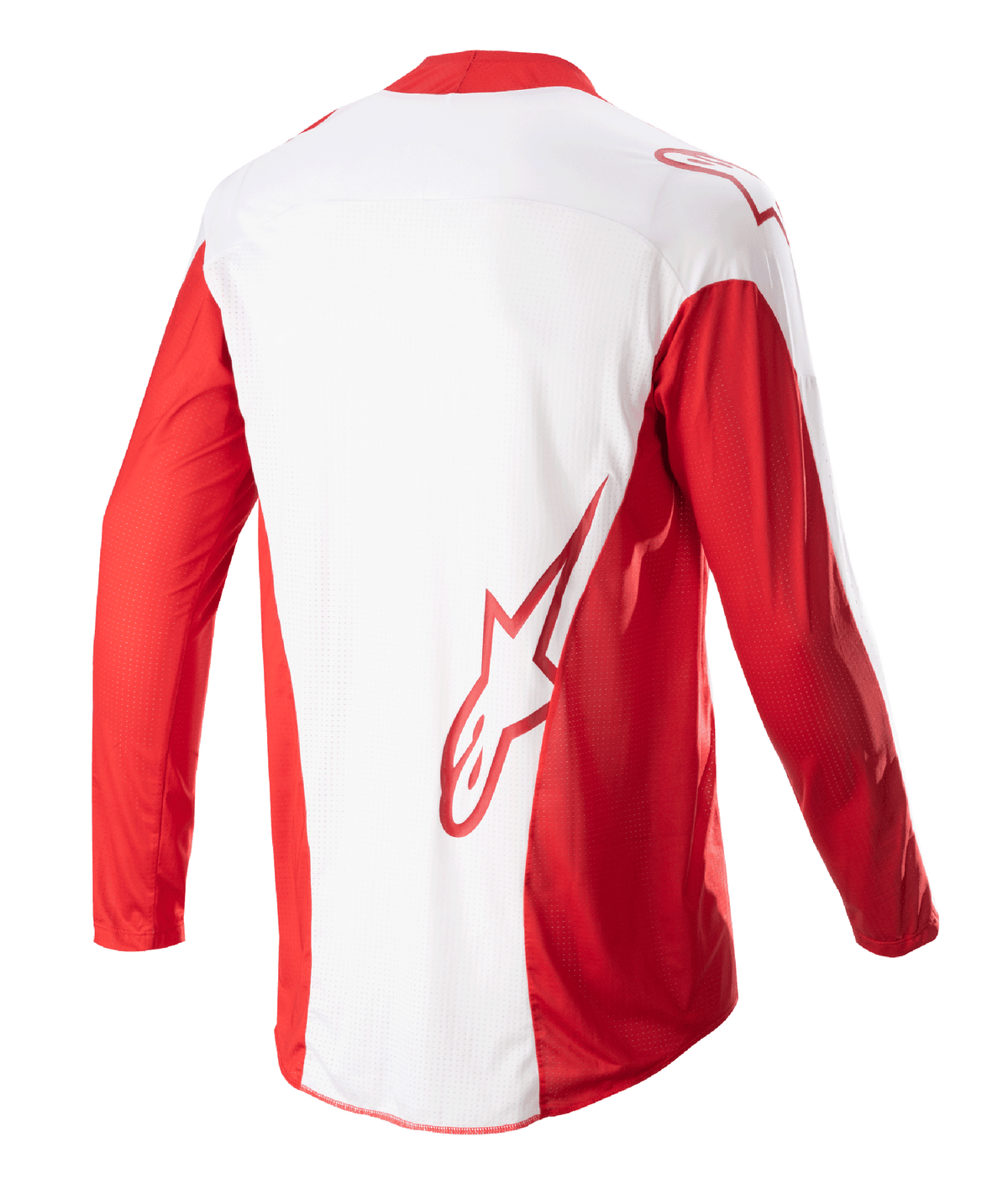 Camisola Alpinestars 2023 Techstar Arch, camisola de motocross, vermelho Mars e branco, vista traseira mostrando o painel central branco e mangas compridas vermelhas, logótipo Astars vermelho na parte inferior das costas, painéis de ventilação em malha e parte traseira prolongada para cobertura em corridas de todo-o-terreno