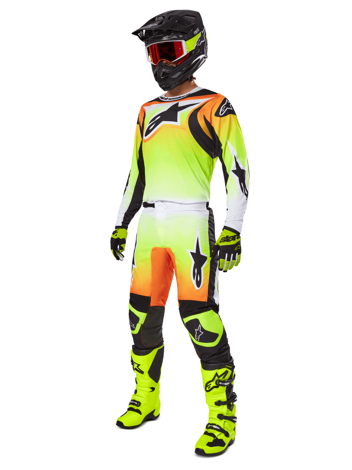 Alpinestars 2025 Fluid Wurx Gear Set, equipamento de motocross, degradé em amarelo néon e laranja, kit completo com camisola e calças, capacete preto com óculos laranja, botas e luvas em amarelo néon, design atlético para performance off-road