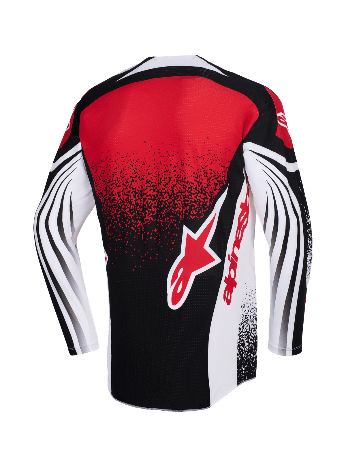 Alpinestars 2026 Techstar Nomur Jersey, camisola de motocross, preta, branca e vermelha, vista traseira com um grande logótipo Alpinestars vermelho, efeito de gradiente salpicado e padrões curvos dinâmicos nas mangas compridas, vestuário de corrida de performance