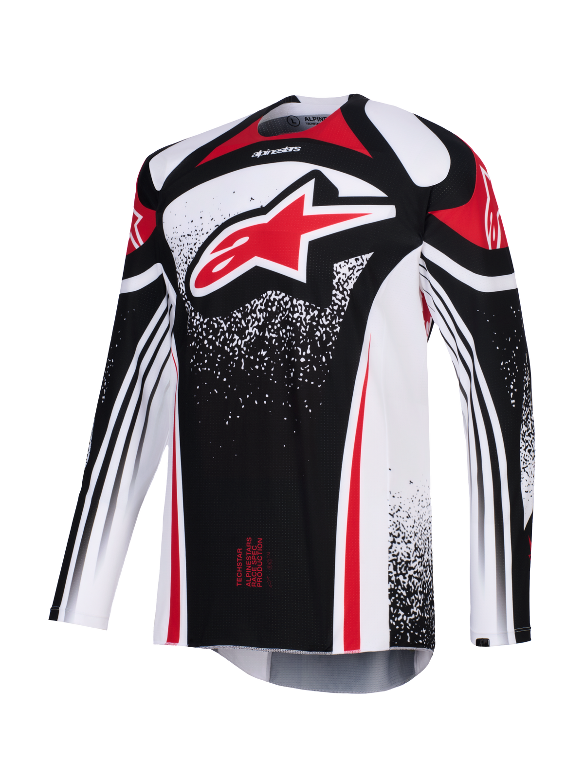 Alpinestars 2026 Techstar Nomur Jersey, camisola de motocross, preta, branca e vermelha, com um grande logótipo Astars vermelho no peito, padrões gráficos pontilhados, mangas compridas e corte atlético de corrida para competição off-road de alto desempenho