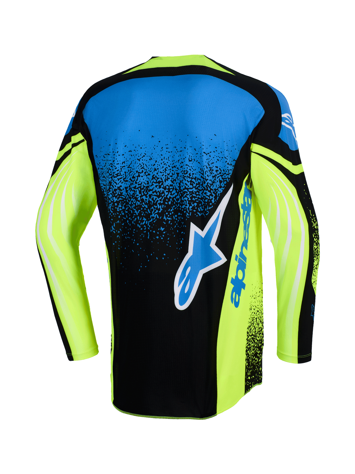 Alpinestars 2026 Techstar Nomur Jersey, vista traseira, camisola de motocross, azul marinho escuro, amarelo néon e azul, com um logótipo Alpinestars de grandes dimensões nas costas, mangas amarelo néon com pormenores gráficos e corte atlético de corrida