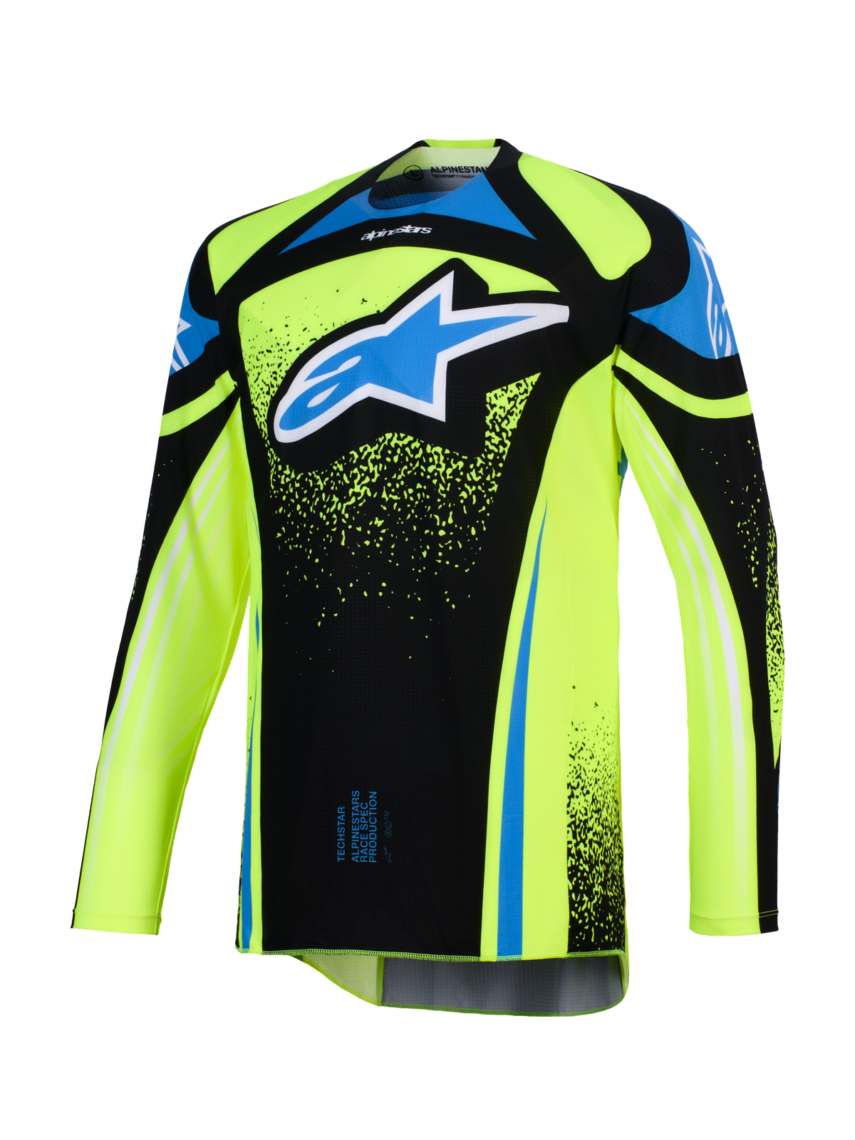 Alpinestars 2026 Techstar Nomur Jersey, camisola de motocross, amarelo néon e preto com detalhes azuis, logótipo Astar grande em azul e branco no peito, detalhes gráficos de salpicos, mangas compridas, equipamento de corrida off-road atlético
