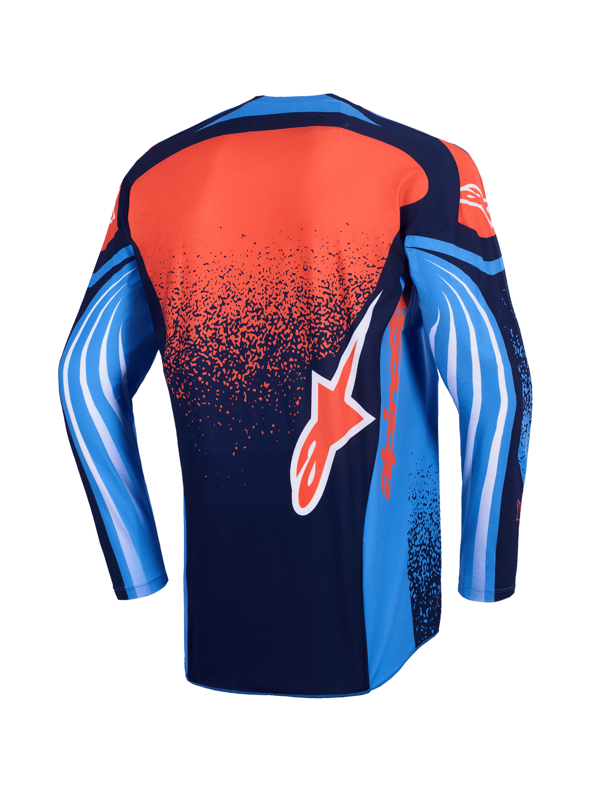 Camisola Alpinestars 2026 Techstar Nomur, camisola de motocross, vista traseira, azul marinho escuro, laranja e azul UCLA, com um degradê laranja pontilhado nas costas, mangas azuis com gráficos brancos em forma de onda e logótipo Alpinestars laranja na parte inferior das costas.