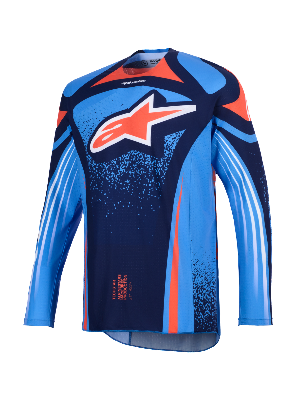 Alpinestars 2026 Techstar Nomur Jersey, camisola de motocross, azul marinho escuro e azul UCLA com detalhes laranja, com um grande logótipo Astars branco no peito e riscas diagonais brancas nas mangas compridas, corte atlético de competição leve para desempenho fora de estrada