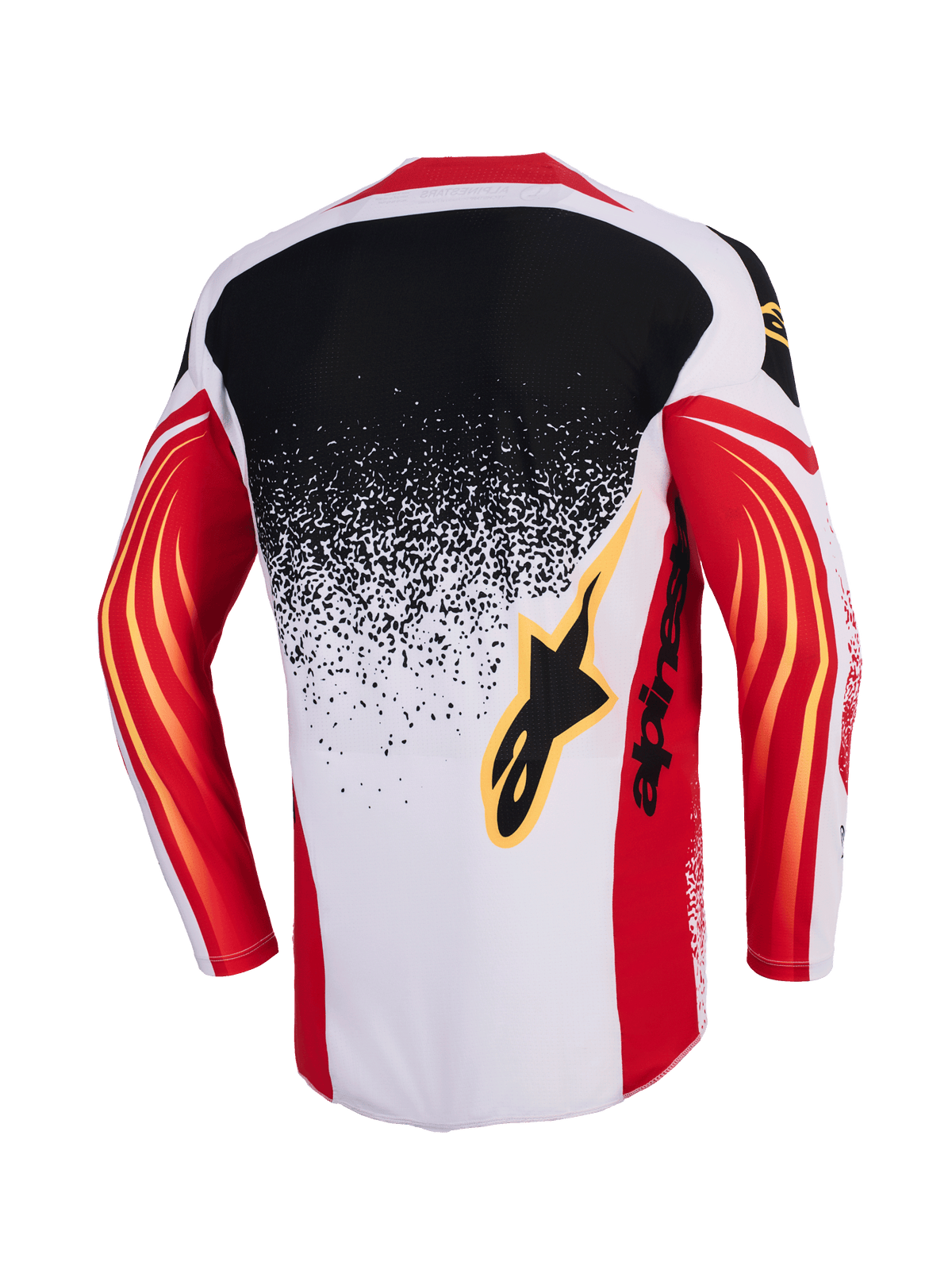 Camisola Alpinestars 2026 Techstar Nomur, camisola de motocross, cinzento claro, vermelho e preto, vista traseira com design de salpicos em gradiente de preto para cinzento claro, mangas vermelhas com detalhes curvos amarelos e logótipo Alpinestars preto nas costas