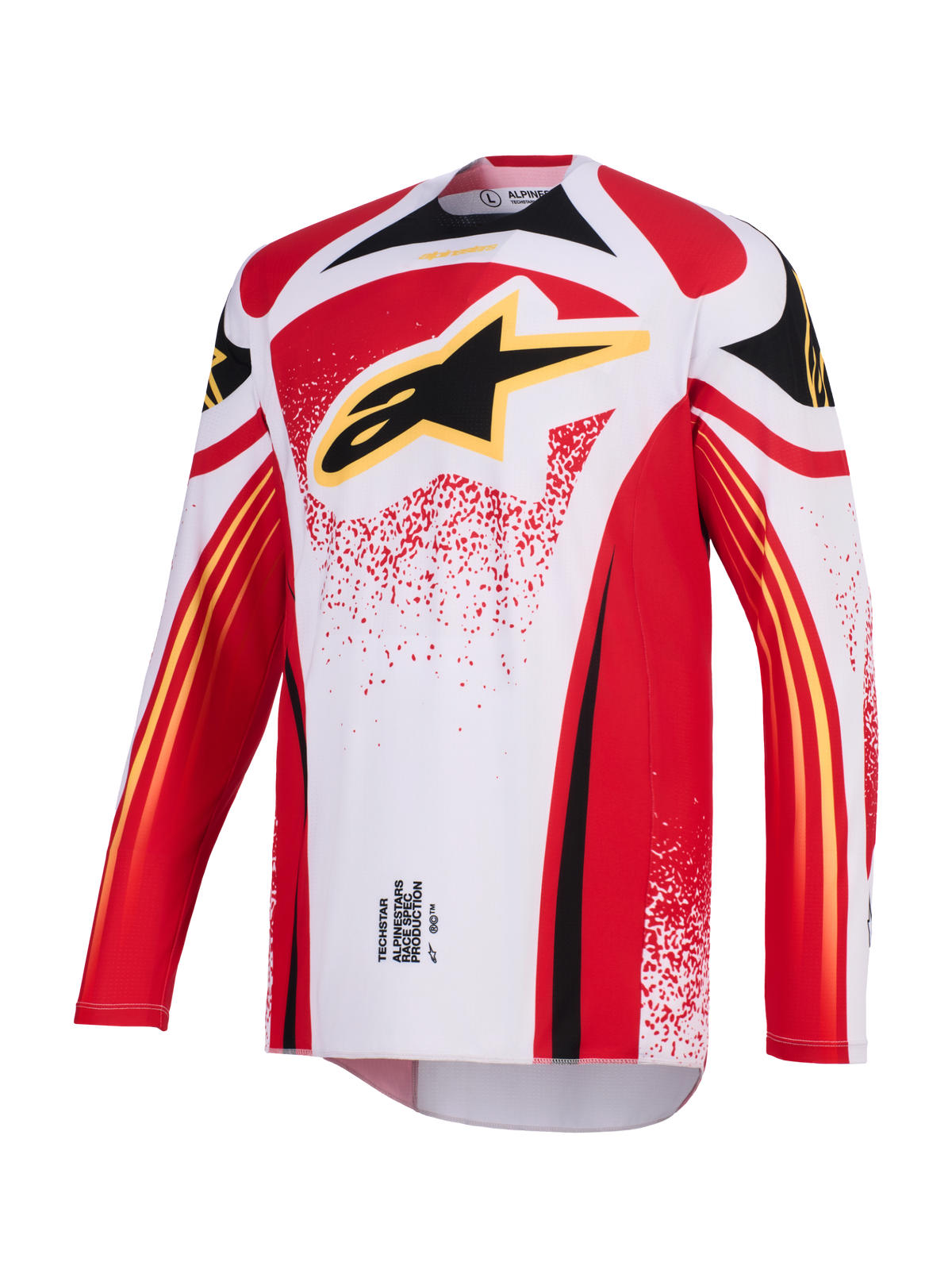 Alpinestars 2026 Techstar Nomur Jersey, camisola de motocross, branca, vermelha e preta, com um logótipo Astar grande em preto e contorno amarelo no peito, corte atlético de corrida com mangas compridas e gráficos de performance para corridas de todo-o-terreno