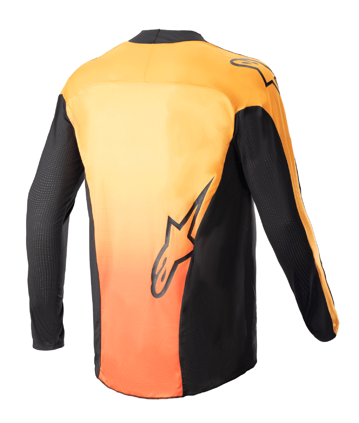 Alpinestars 2023 Techstar Sein Jersey, camisola de motocross, preto e laranja vibrante, vista traseira apresentando costas com gradiente laranja vibrante, painéis laterais e mangas em preto, com logótipos Alpinestars na zona inferior das costas e no ombro