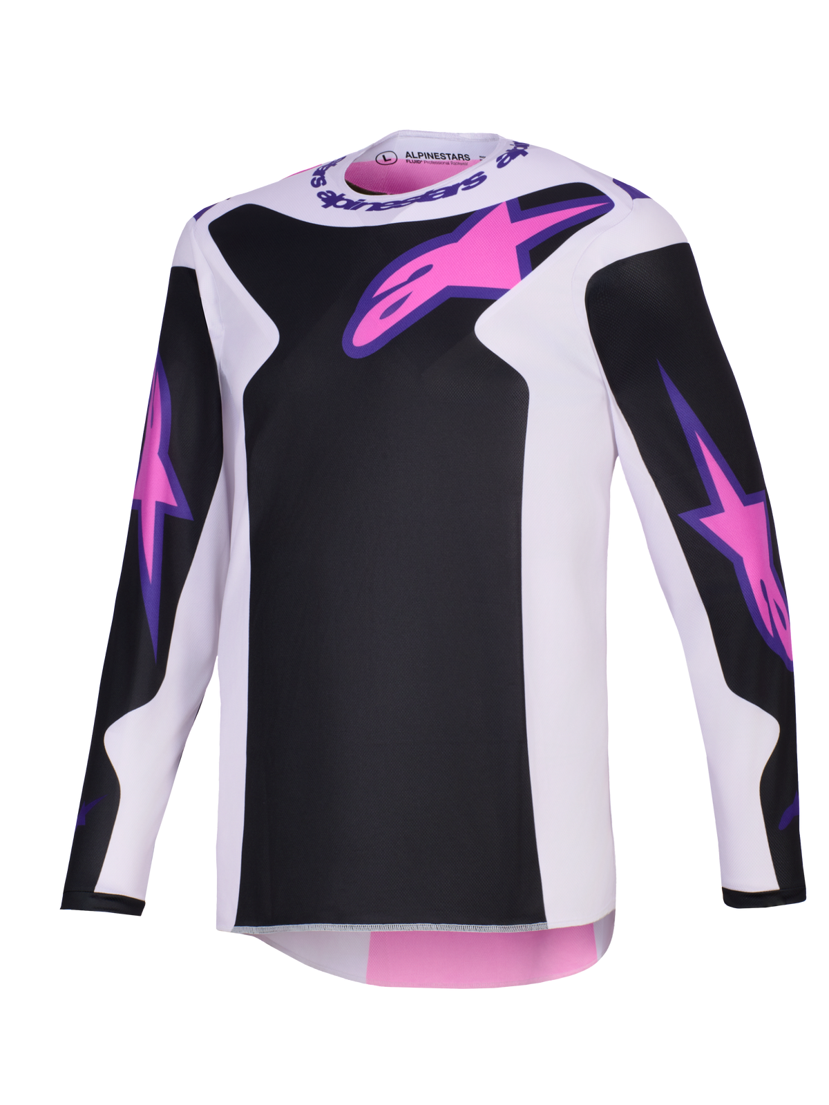 Alpinestars 2026 Fluid Grid Jersey, camisola de motocross, preta, cinzento claro e roxa, com logótipos Astars cor-de-rosa no peito e nas mangas, painéis pretos sobre uma base cinzento claro, corte atlético de manga comprida para condução off-road