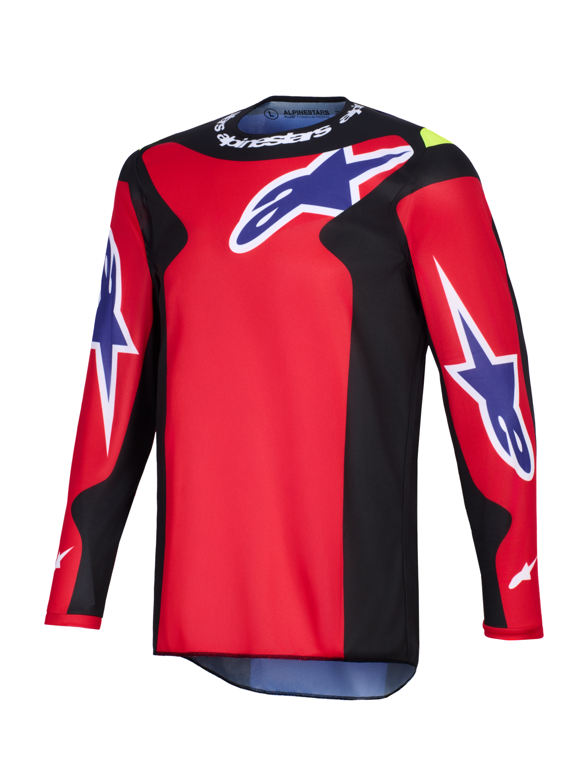 Alpinestars 2026 Fluid Grid Jersey, Motocross Jersey, Red Black and Purple, featuring large purple Astars logos on the chest and sleeves, black side panels, and white Alpinestars branding on the collar, performance polyfabric construction.