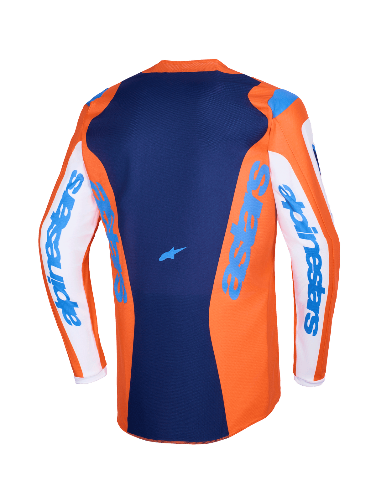 Alpinestars 2026 Fluid Grid Jersey, camisola de motocross, laranja e azul UCLA, mangas brancas com marca Alpinestars em azul, painel traseiro azul escuro com pequeno logótipo de estrela, corte traseiro mais comprido para condução em todo-o-terreno