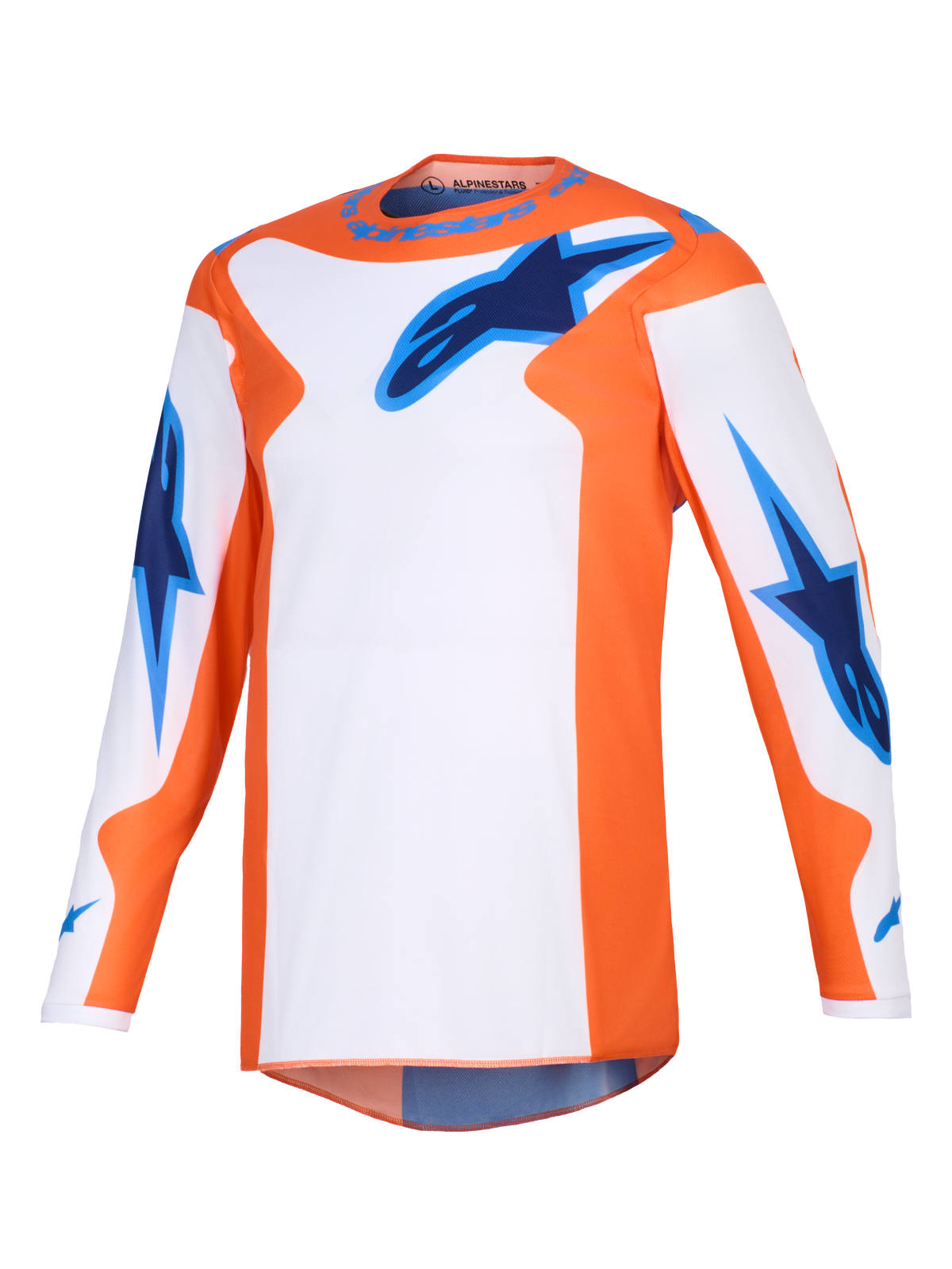 Alpinestars 2026 Fluid Grid Jersey, camisola de motocross, laranja, branca e azul UCLA, equipamento de performance de manga comprida com logótipos de estrela azuis no peito e nas mangas, corte atlético para condução todo-o-terreno