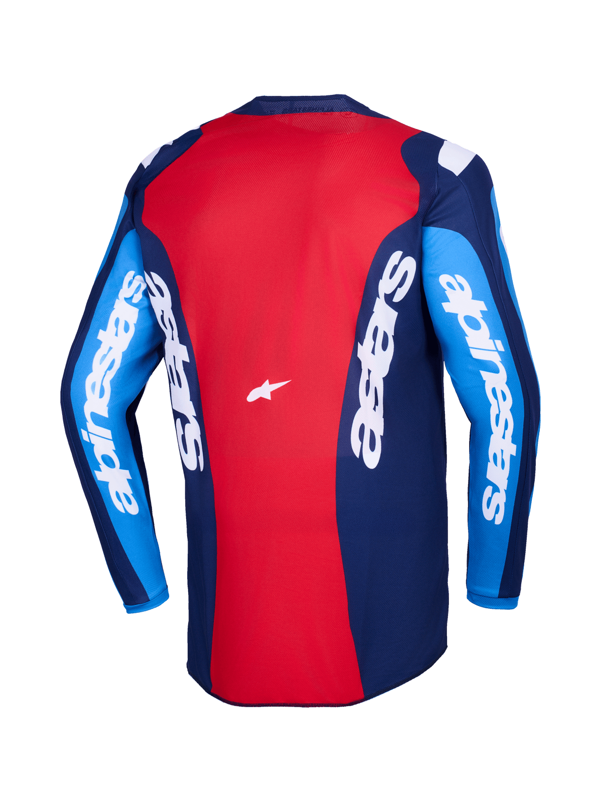 Alpinestars 2026 Fluid Grid Jersey, vista traseira, camisola de motocross vermelha e azul, com branding Alpinestars a branco em destaque nas mangas e nas costas, design leve em polifabric para condução todo-o-terreno
