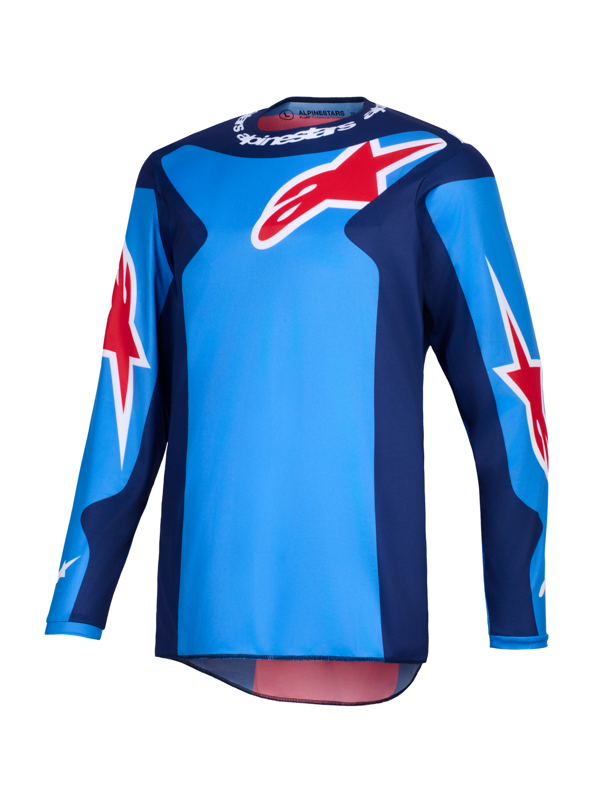 Camisola Alpinestars 2026 Fluid Grid, camisola de motocross, azul e vermelha, com grandes logótipos vermelhos da estrela Alpinestars, painéis laterais em azul escuro, construção em polifabric leve e parte traseira mais comprida para condução todo-o-terreno.