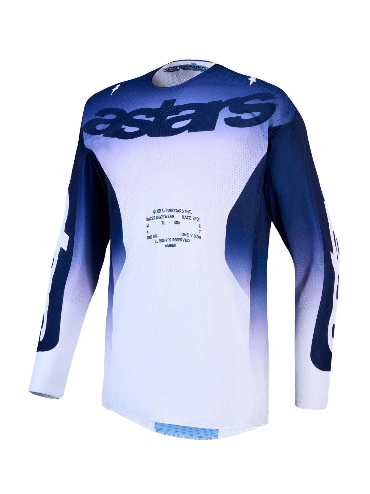 Alpinestars Racer Air Amber Jersey, men's blue and white ventilated motocross racing top with breathable mesh.