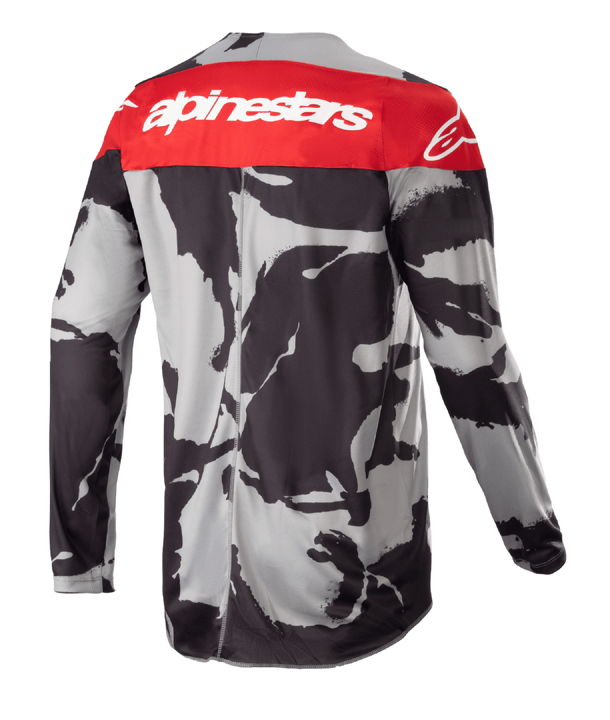 Alpinestars 2023 Racer Tactical Jersey, camisola de motocross, Cast Gray Camo e Mars Red, vista traseira com um painel superior vermelho com logótipo Alpinestars branco e um padrão de camuflagem cinzento e preto, vestuário de performance leve para todo-o-terreno