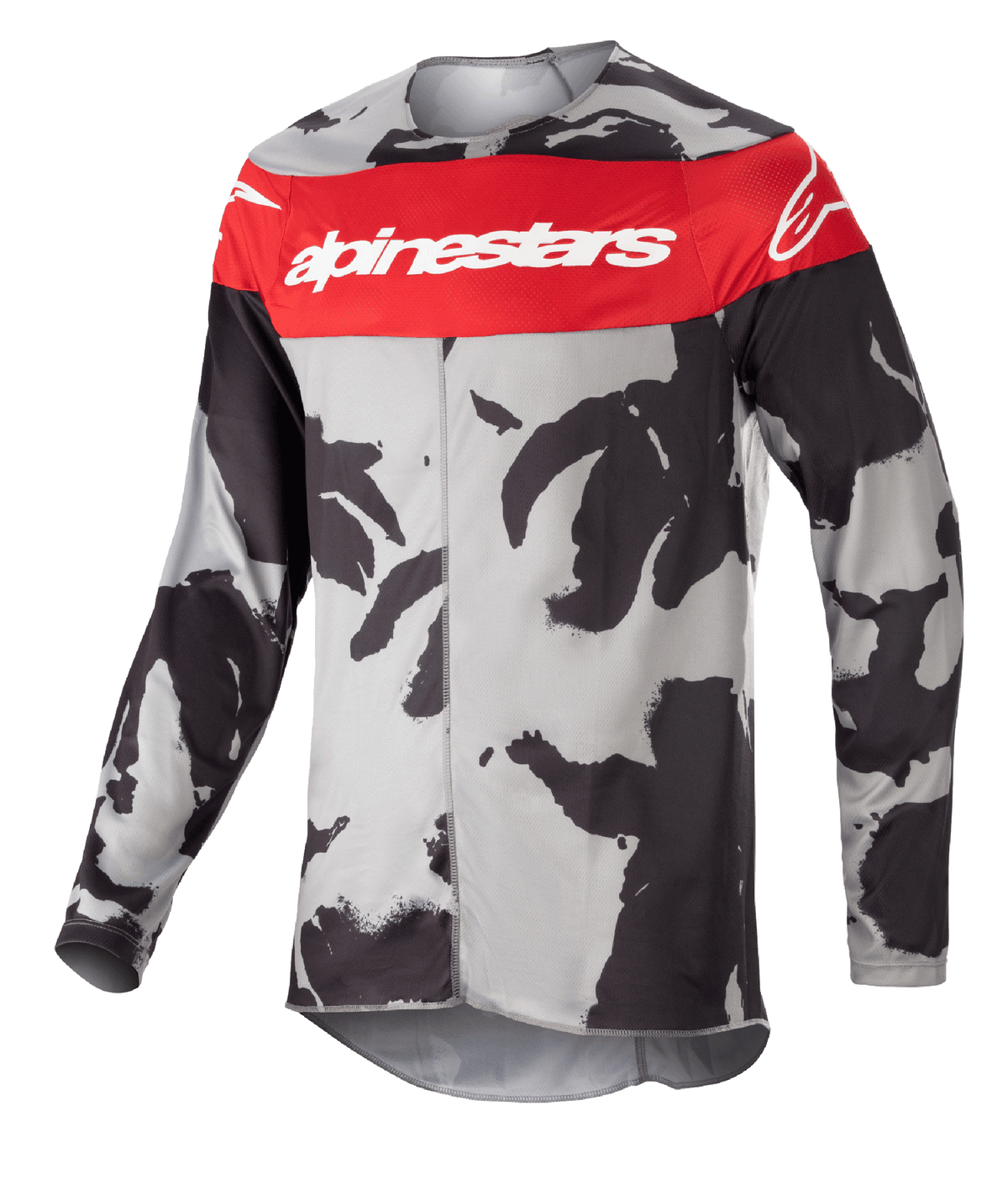 Alpinestars 2023 Racer Tactical Jersey, camisola de motocross, Cinzento Cast Camuflado e Vermelho Mars, faixa vermelha proeminente no peito com logótipo Alpinestars a branco, padrão camuflado preto e cinzento, vestuário técnico de manga comprida para corridas todo-o-terreno