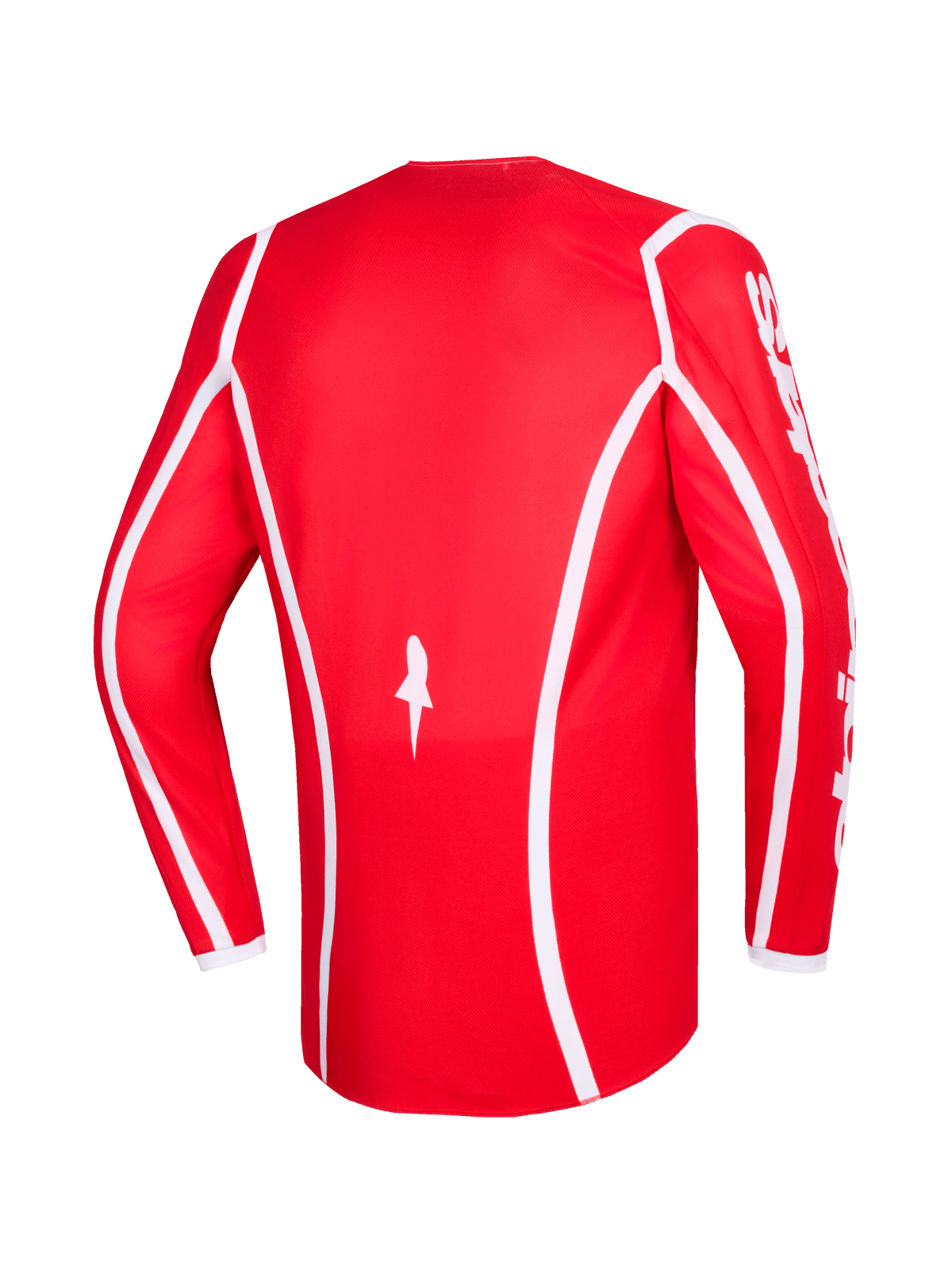 Alpinestars 2026 Fluid Apex Jersey, vermelha e branca, vista traseira de camisola de motocross de manga comprida com linhas de destaque curvas em branco, logótipo de estrela na parte inferior e texto Alpinestars branco nas mangas, desenhada para corridas de off-road