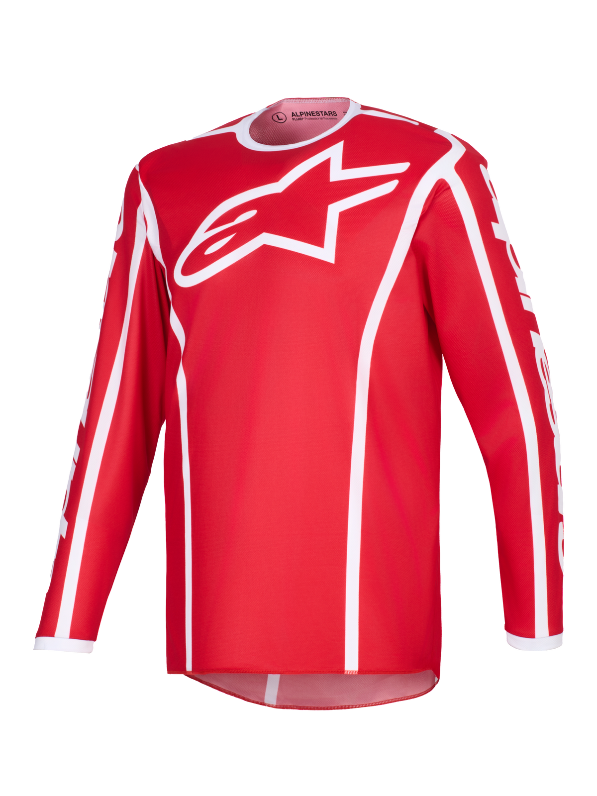 Alpinestars 2026 Fluid Apex Jersey, camisola de motocross, vermelha e branca, com um logótipo A-star branco de grandes dimensões no peito, gola desportiva branca, frisos verticais e bainha traseira mais comprida para performance off-road.