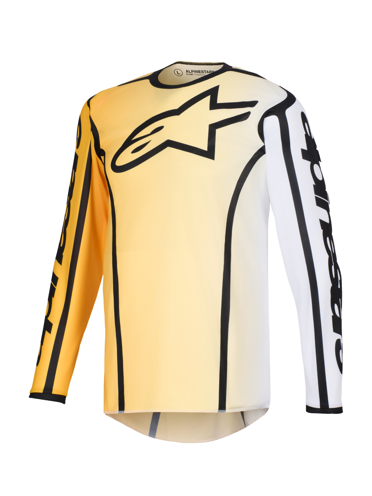 Alpinestars 2026 Fluid Apex Jersey, Motocross Jersey, Yellow and White gradient with Black accents, featuring a large black star logo on the chest, bold black outlines along the seams, and Alpinestars branding on the sleeves, long-sleeve technical top for off-road racing.