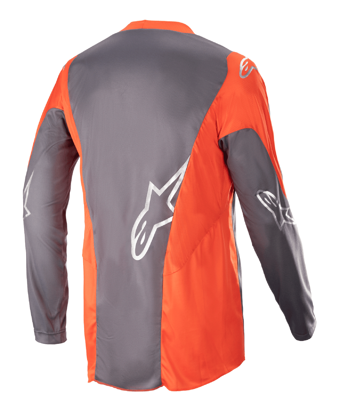Alpinestars 2023 Racer Hoen Jersey, camisola de motocross, Magnet Hot Orange, vista traseira com painéis cinzentos e laranja, logótipos Astars prateados nas mangas e costas, vestuário de performance para todo-o-terreno