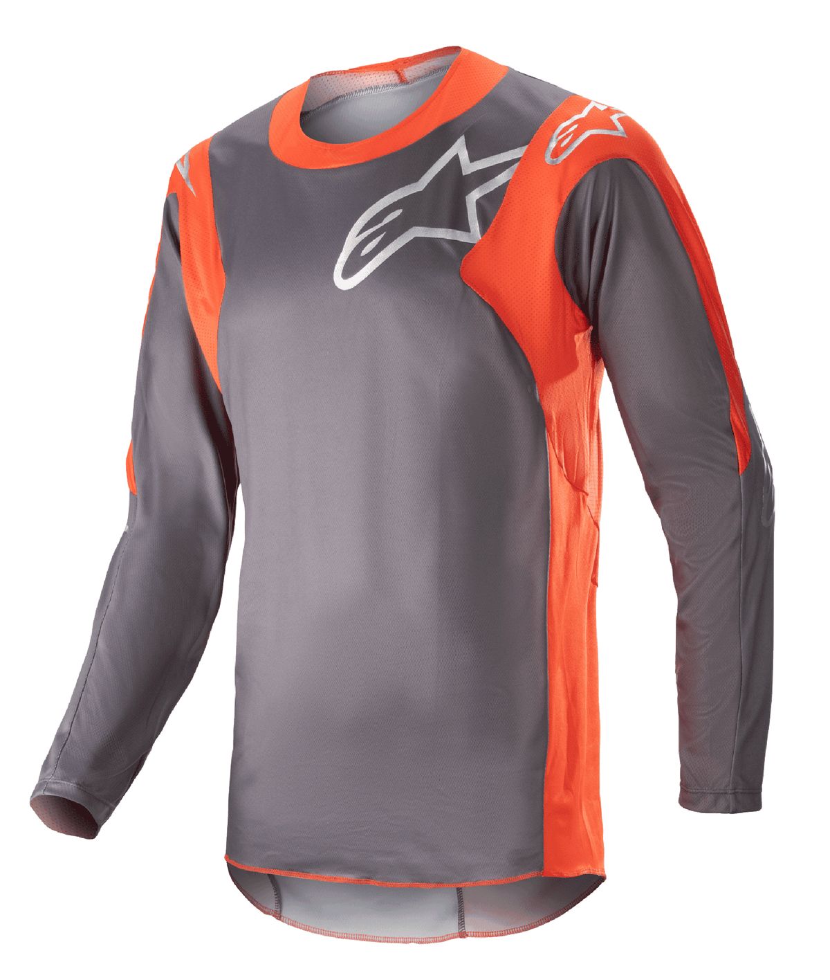 Alpinestars 2023 Racer Hoen Jersey, Long-Sleeve Motocross Jersey, Magnet Gray and Hot Orange, white Alpinestars logo on chest and shoulders, lightweight performance fabric for off-road racing