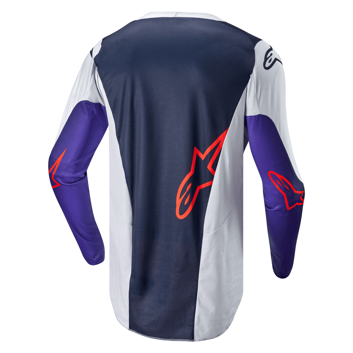 Alpinestars 2024 Racer Hoen Jersey, camisola de motocross, vista traseira, azul-marinho e cinzento claro com mangas roxas, logótipos Alpinestars cor de laranja, tecido de malha técnica para desempenho em todo-o-terreno