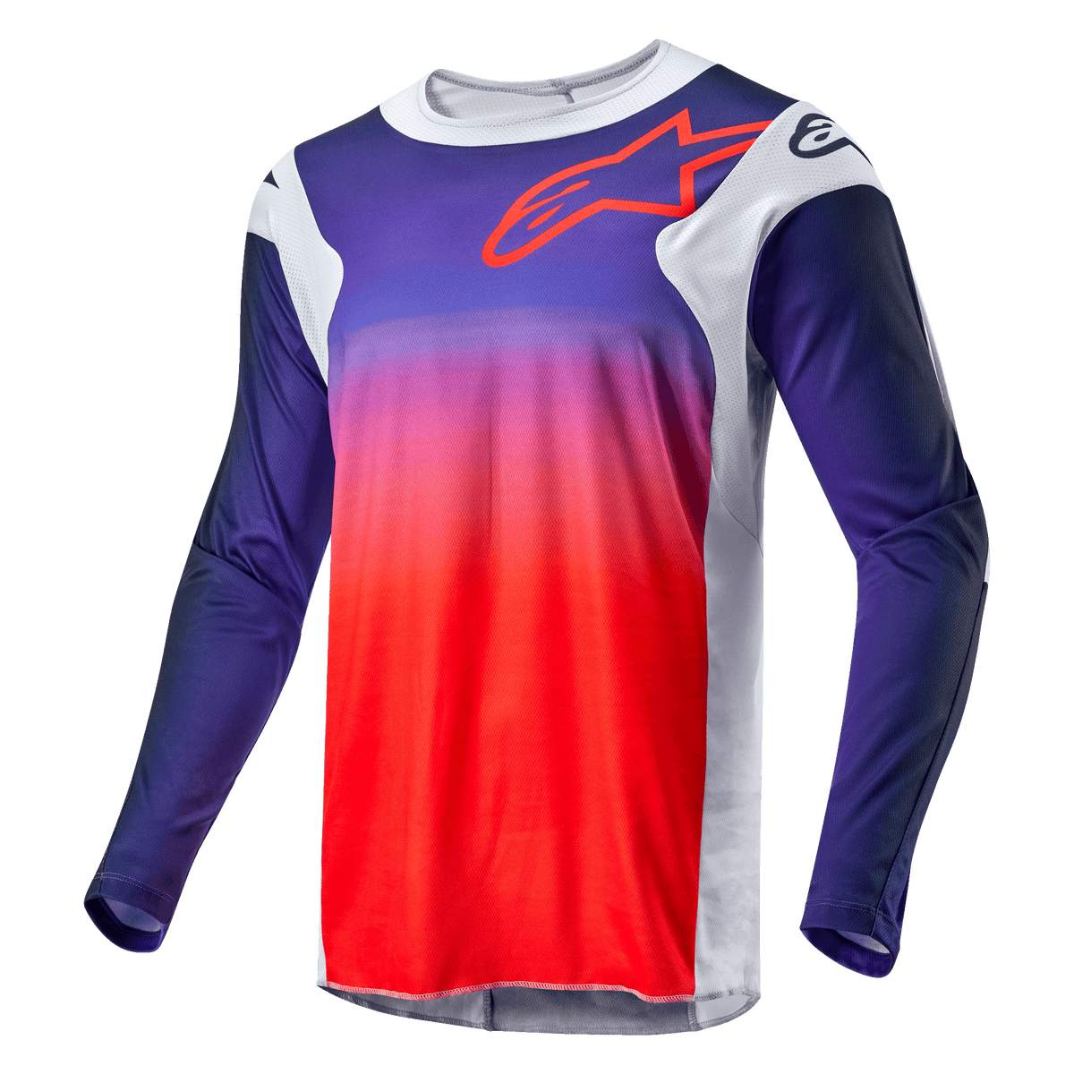 Alpinestars 2024 Racer Hoen Jersey, camisola de motocross, degradê de azul marinho para laranja vibrante com painéis laterais cinzento claro, com o contorno do logótipo Alpinestars em vermelho no peito, vestuário técnico de manga comprida para corridas todo-o-terreno