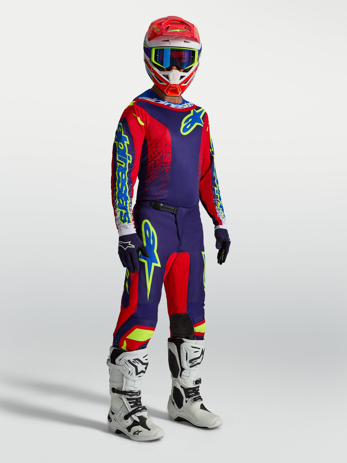 Alpinestars Fluid Drag Jersey, Men's Motocross Racing Top, Navy Blue and Fire Red, moisture-wicking textile gear set.