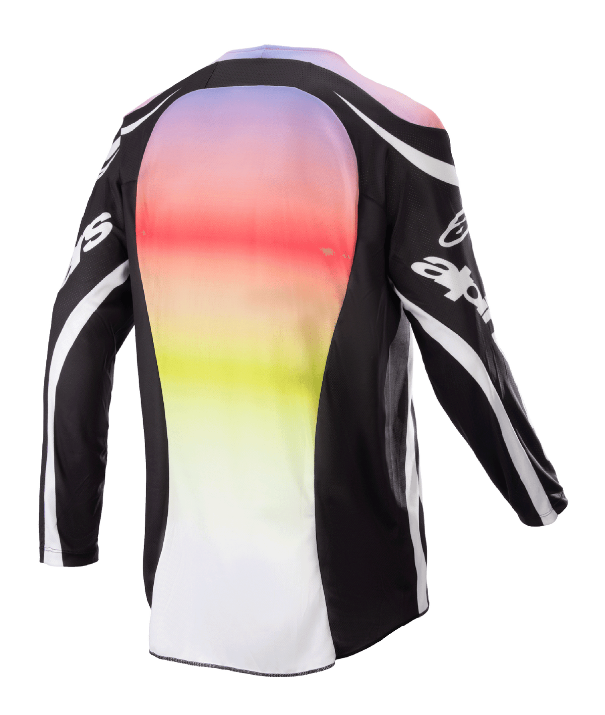 Alpinestars 2023 Racer Semi Jersey, camisola de motocross, preto multicor, vista traseira com um grande painel central com um gradiente vibrante de roxo a amarelo, mangas e ombros pretos com detalhes de logótipo brancos e linhas curvas, concebida para desempenho em todo-o-terreno