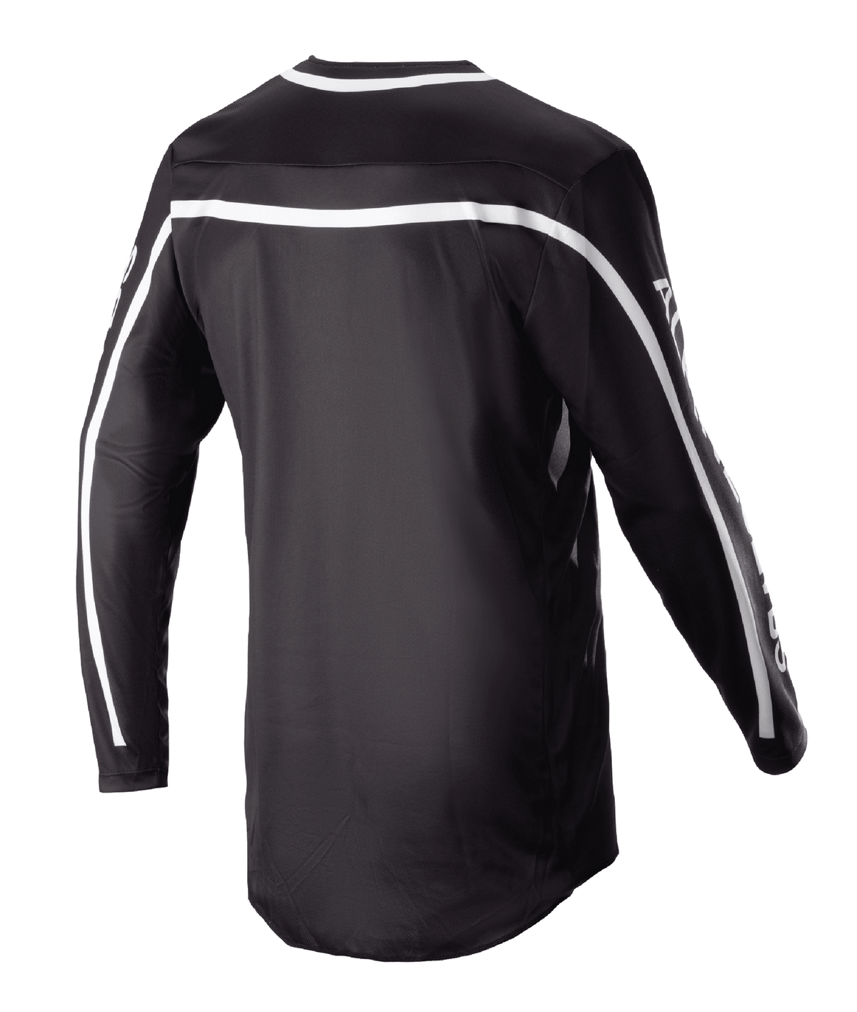 Alpinestars 2023 Racer Found Jersey, camisola de motocross preta, vista traseira com riscas brancas nos ombros e mangas, design de manga comprida com parte traseira mais comprida para maior cobertura, equipamento de performance leve e respirável