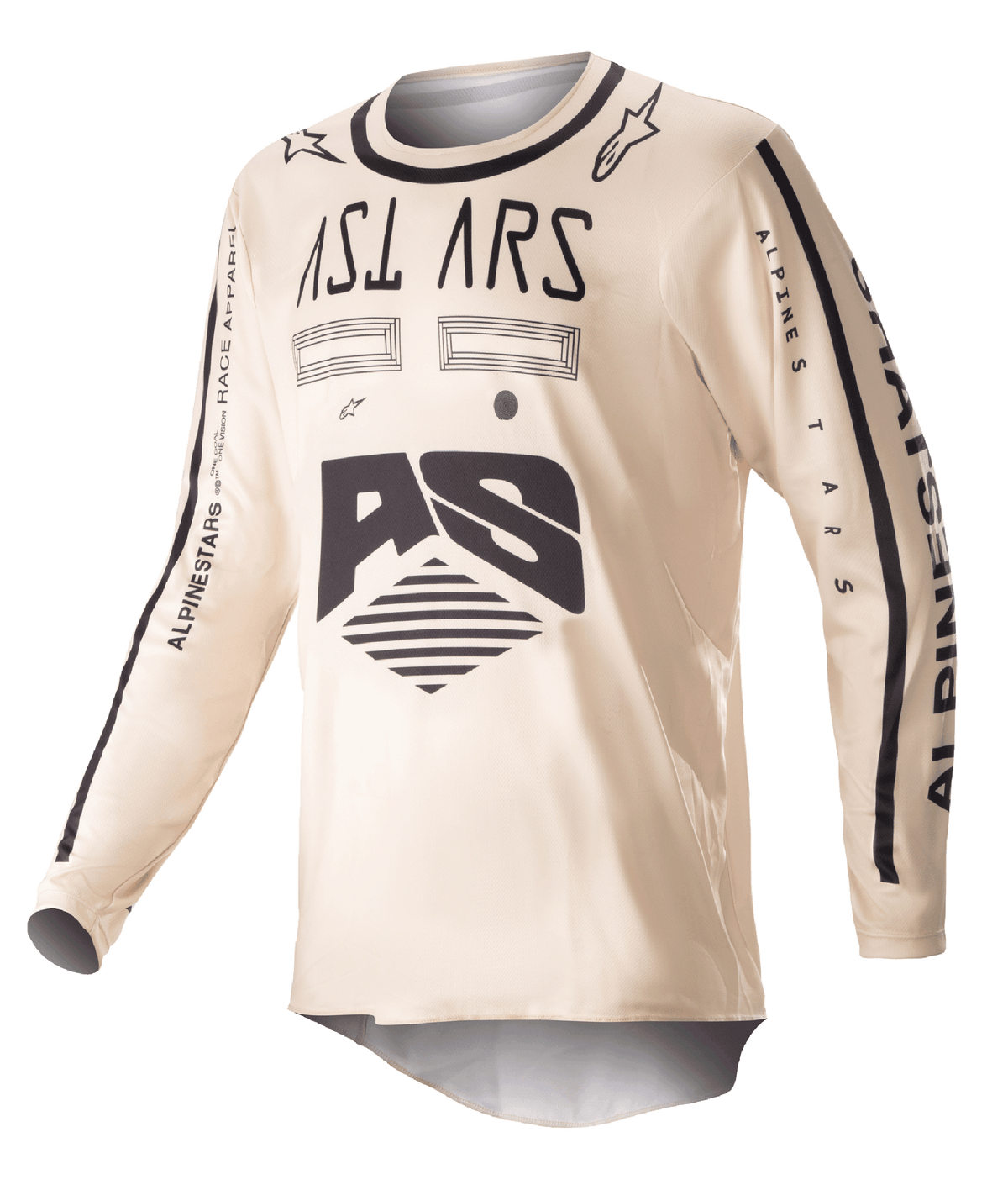 Alpinestars 2023 Racer Found Jersey, Motocross Jersey, Beige with black graphics, long sleeve off-road performance gear, featuring AS logo and branding on sleeves