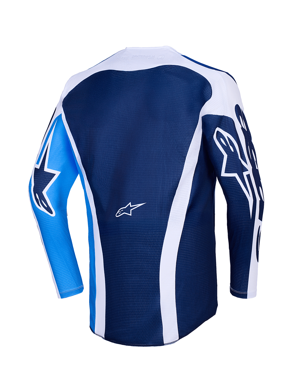 Camisola Alpinestars 2026 Racer Air Portl, vista traseira, azul Ucla e branco, corpo em malha azul escura com detalhes curvos brancos, manga esquerda em azul brilhante com logótipo de estrela azul escuro, manga direita em azul escura com logótipo de estrela branco, camisola de motocross de alto desempenho e respirável