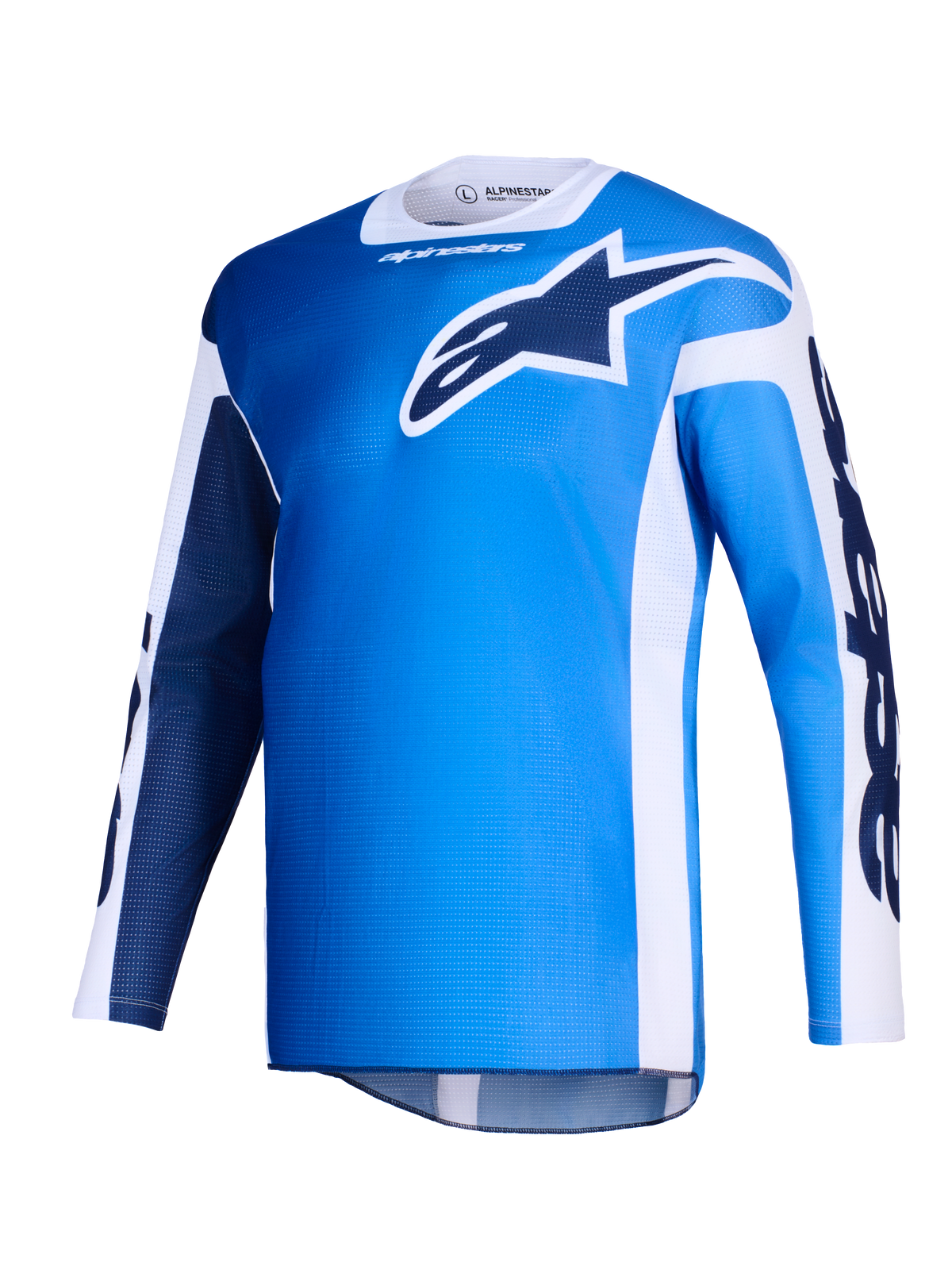 Alpinestars 2026 Racer Air Portl Jersey, camisola de motocross, azul UCLA e branco, com um grande logótipo Astars azul escuro no peito, painéis laterais brancos e textura de malha leve para um elevado fluxo de ar