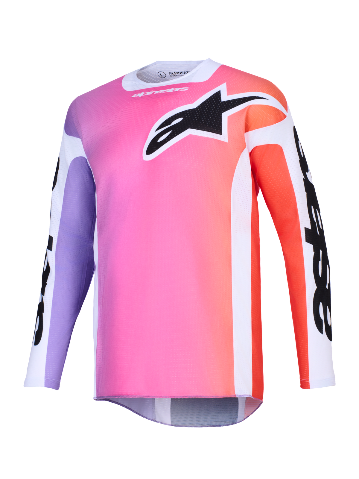 Alpinestars 2026 Racer Air Portl Jersey, Motocross Jersey, Multicolor gradient featuring pink, purple, and orange, large black Astars logo on the chest, white side panels, breathable mesh fabric with long sleeves and an extended rear cut.