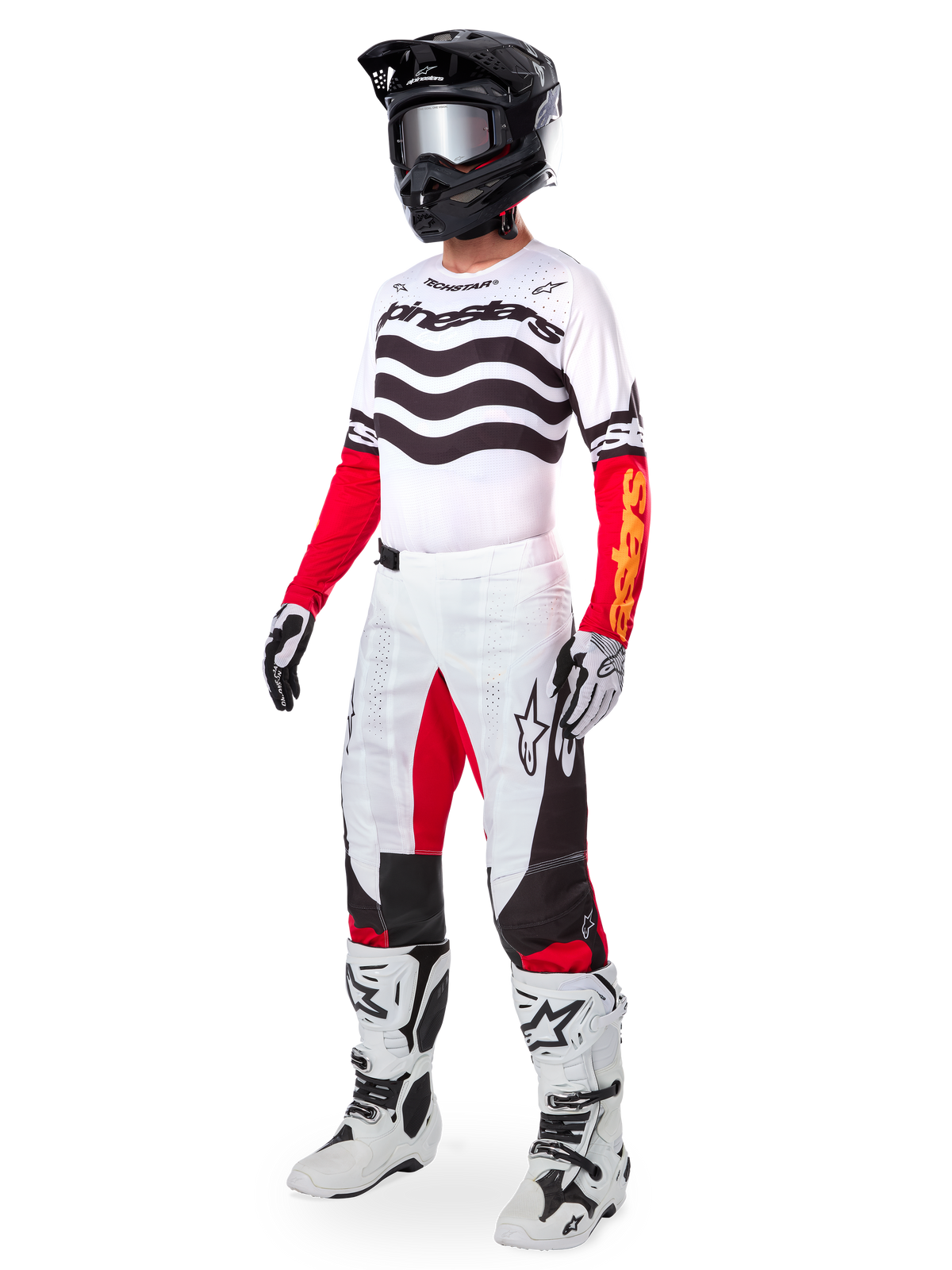 Conjunto Alpinestars Techstar Deep Edição Limitada, equipamento completo de motocross, jersey branco com padrões ondulados pretos e mangas vermelhas, calças brancas com detalhes vermelhos e pretos, capacete preto com óculos prateados, luvas brancas e pretas, botas brancas, conjunto de corrida de MX coordenado