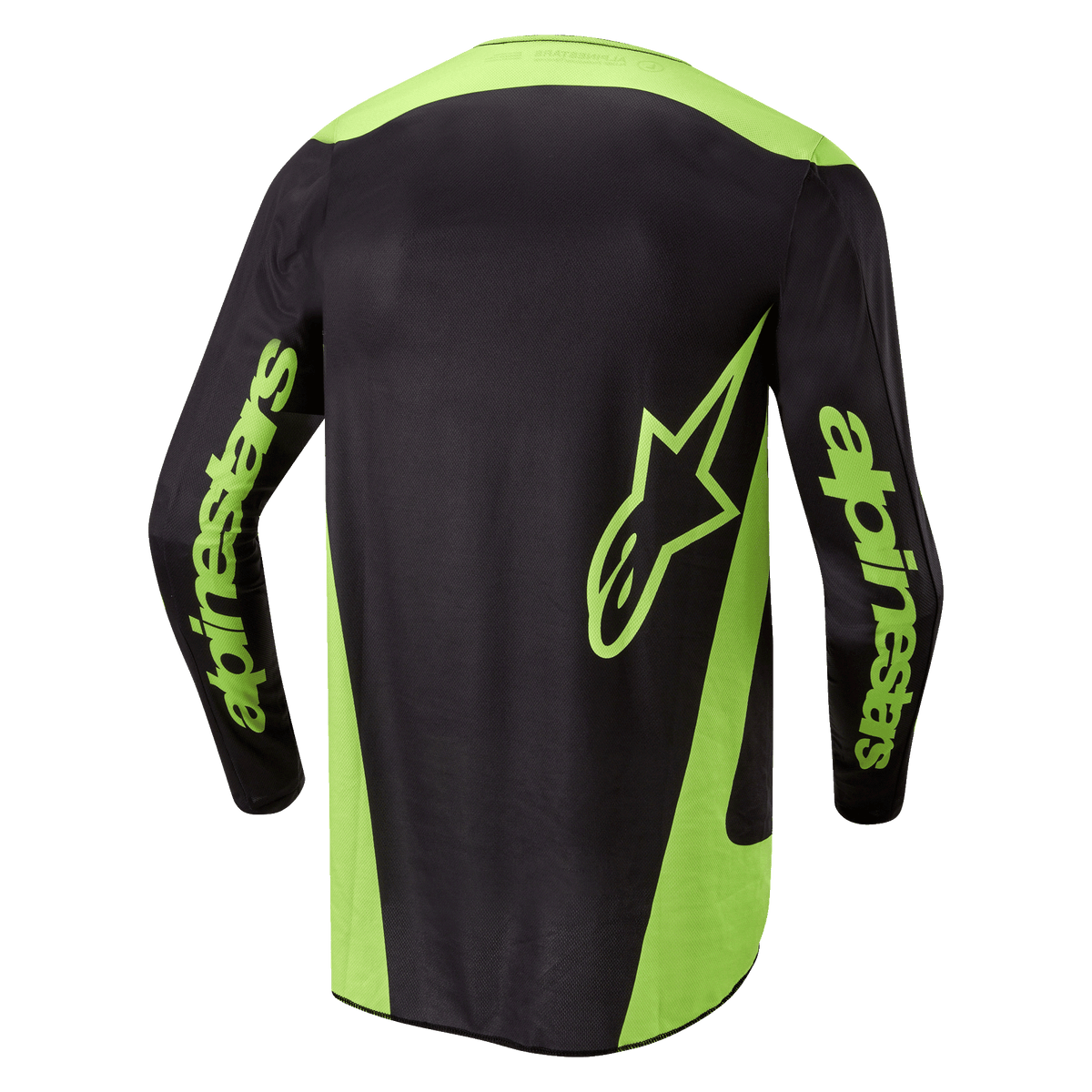 Alpinestars 2024 Fluid Lurv Jersey, camisola de motocross, preto e amarelo fluo, vista traseira com painéis laterais amarelo néon, logótipo de estrela grande na parte inferior das costas e marca Alpinestars nas mangas