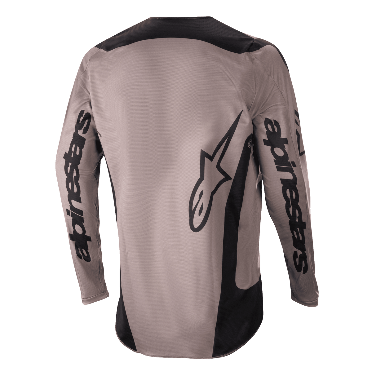 Alpinestars 2024 Fluid Lurv Jersey, camisola de motocross, cor Mud Black, vista traseira com marca Alpinestars de grandes dimensões nas mangas e na zona inferior das costas, painéis pretos nos ombros e laterais, equipamento de performance para condução todo-o-terreno