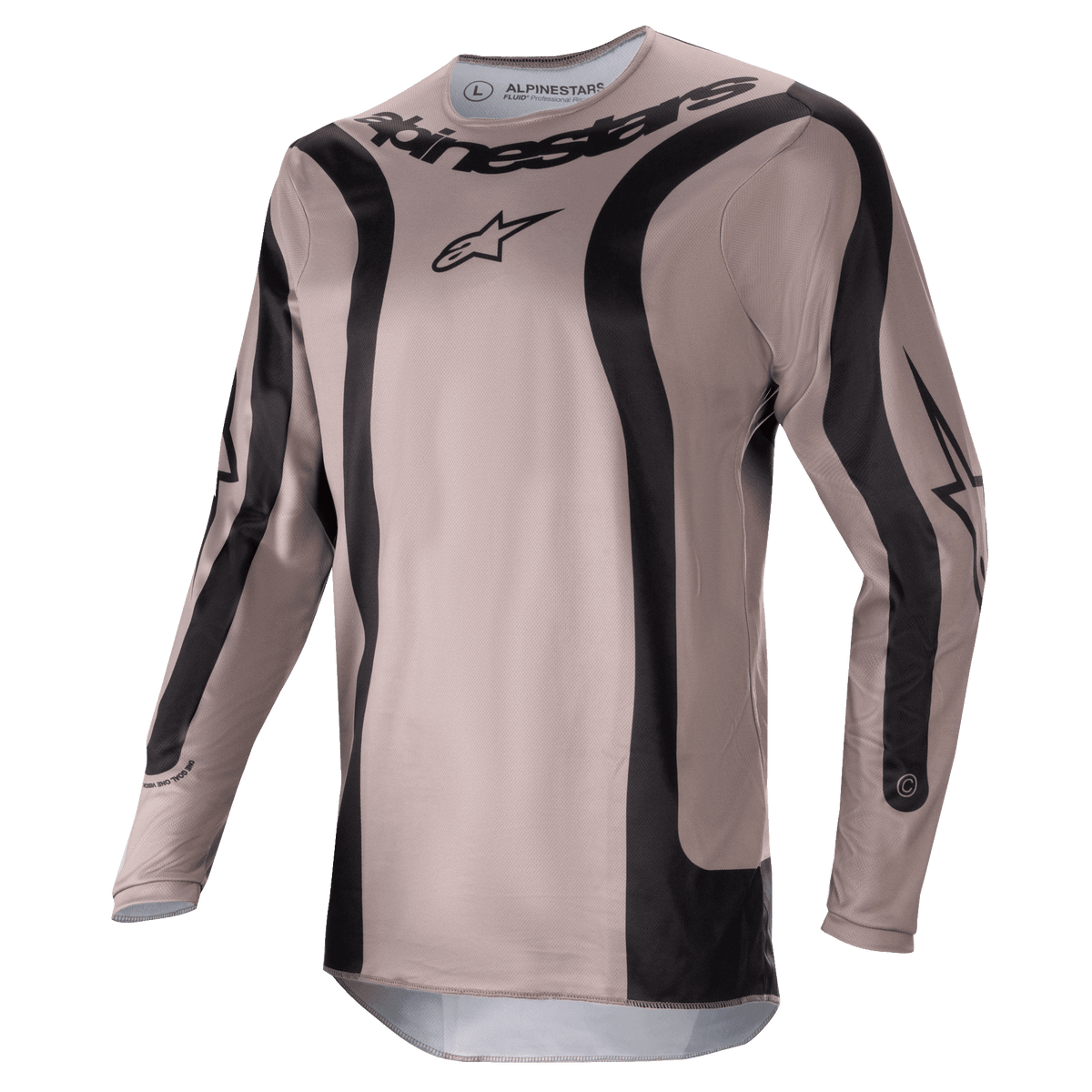 Alpinestars 2024 Fluid Lurv Jersey, camisola de motocross, Mud Black, com painéis gráficos curvos pretos e logótipo central Alpinestars, poli-tecido leve e respirável para desempenho em corridas todo-o-terreno