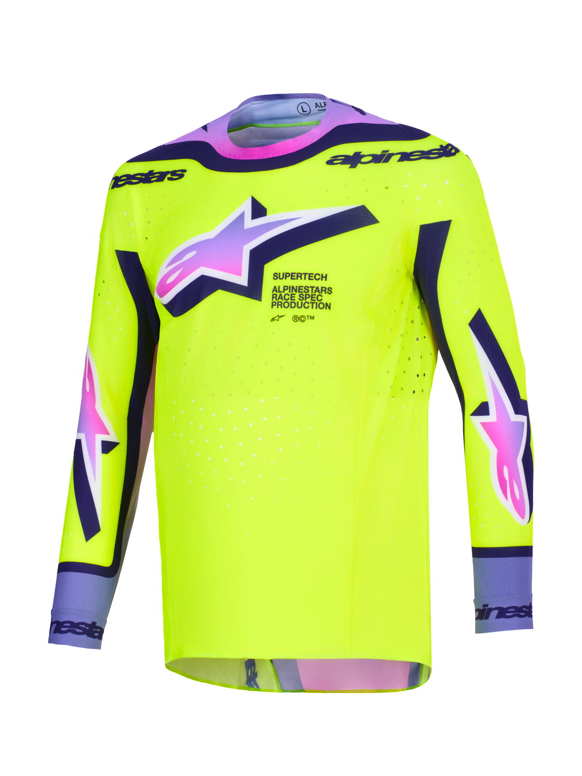 Alpinestars 2026 Supertech Vista Jersey, camisola de motocross, amarelo vibrante com detalhes em roxo e preto, logótipos Astars com gradiente de rosa para roxo, corte atlético de competição com perfurações a laser para desempenho em todo-o-terreno
