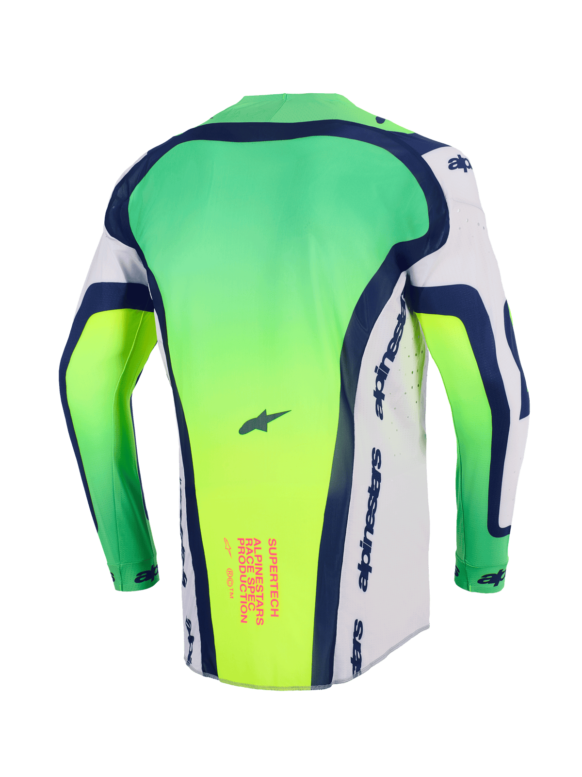 Alpinestars 2026 Supertech Vista Jersey, camisola de motocross, verde néon, branco e azul marinho, vista traseira mostrando a parte traseira alongada, perfurações cortadas a laser nas laterais, gráfico de texto cor-de-rosa na parte inferior das costas, equipamento de corrida profissional leve