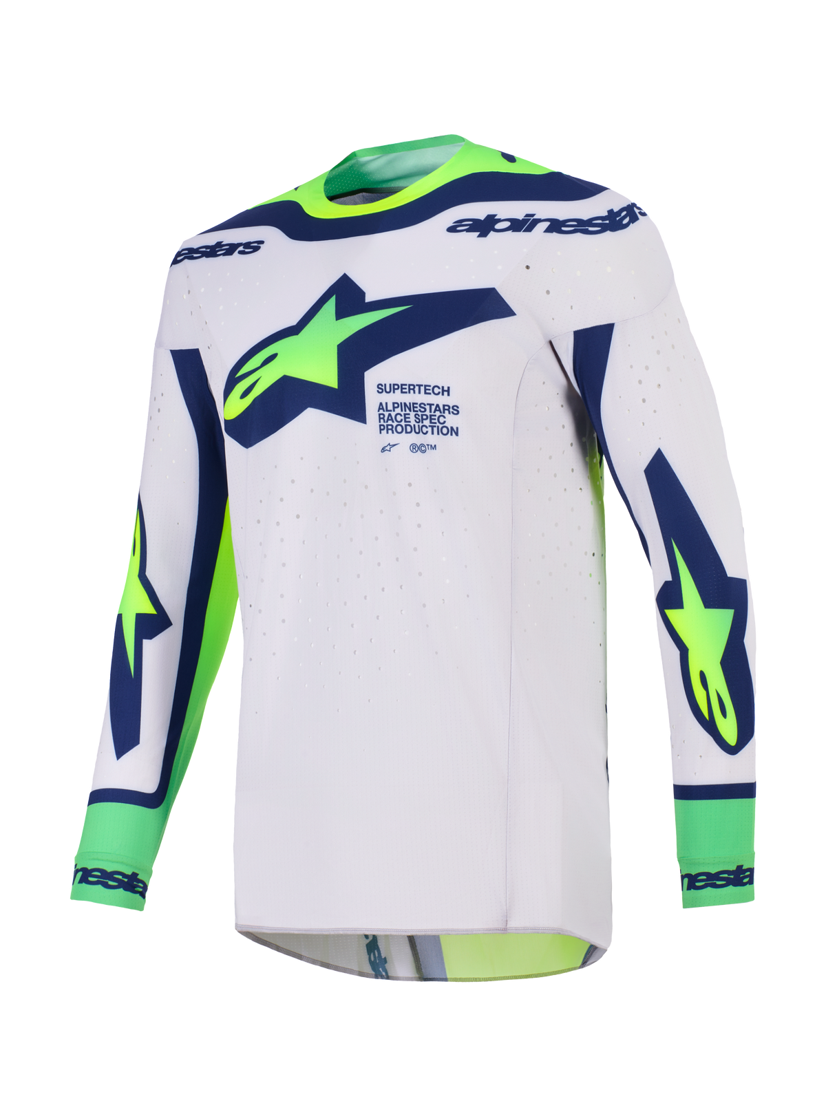 Alpinestars 2026 Supertech Vista Jersey, camisola de motocross, cinzento claro com azul e amarelo fluorescente, com grande logótipo Alpinestars no peito, orifícios de ventilação cortados a laser e construção sem costuras para corridas de todo-o-terreno