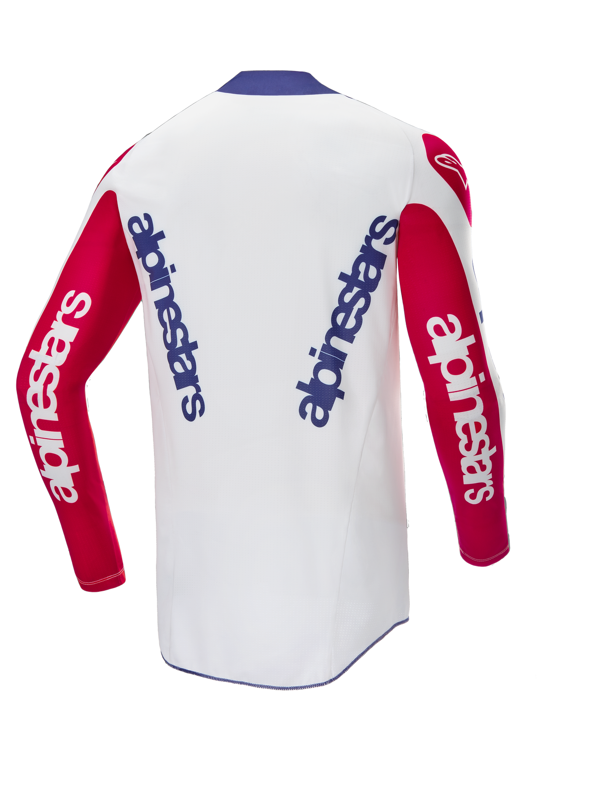 Camisola Alpinestars Techstar Fortitude Edição Limitada, vista traseira, camisola de motocross, corpo branco com mangas vermelhas e gola azul, com logótipos Alpinestars em azul e branco, equipamento de corrida de alta performance