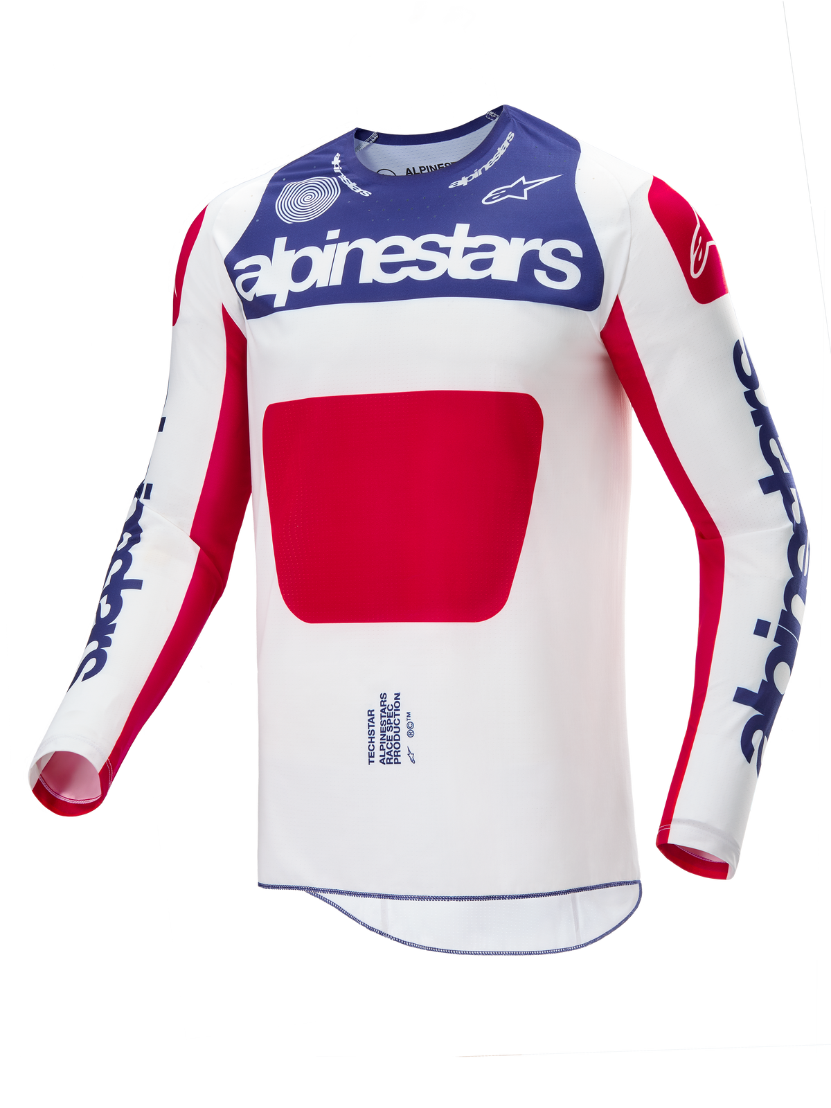 Alpinestars Techstar Fortitude Jersey Edição Limitada, camisola de motocross, vermelha, branca e azul, corpo principal branco com painel azul no peito e grafismo vermelho, logótipos Alpinestars azuis nas mangas, design de corte atlético de corrida