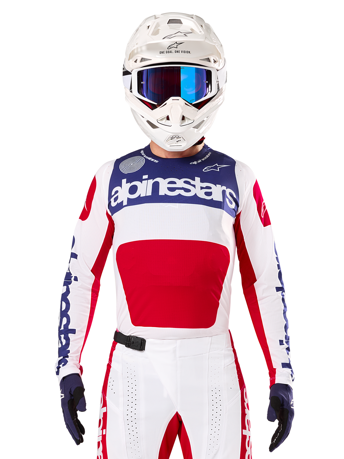 Limited Edition Techstar Fortitude Jersey, Motocross Racing Jersey, White Red and Blue, worn with matching pants and helmet, featuring Alpinestars branding and One Goal One Vision motto, perforated details, sleek design for off-road performance