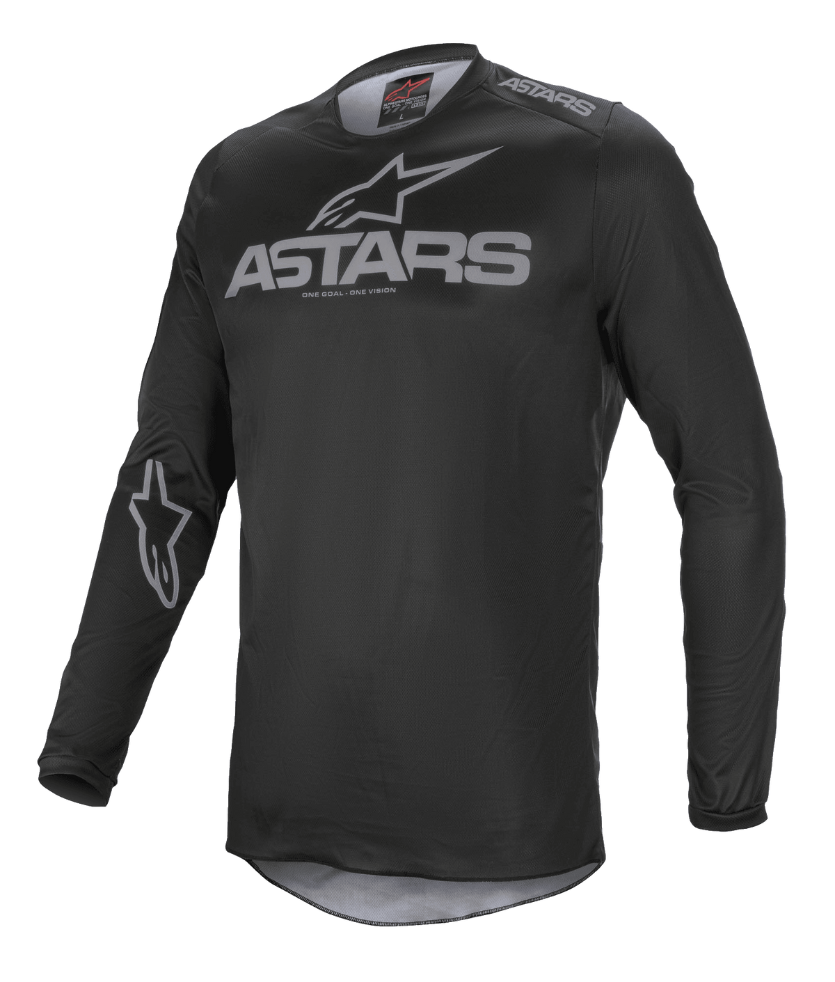 Alpinestars Fluid Graphite Jersey, camisola de motocross, preta e cinzento escuro, com logótipo ASTARS cinzento no peito e ombro, logótipo de estrela na manga, construção em malha técnica de manga comprida para corridas todo-o-terreno