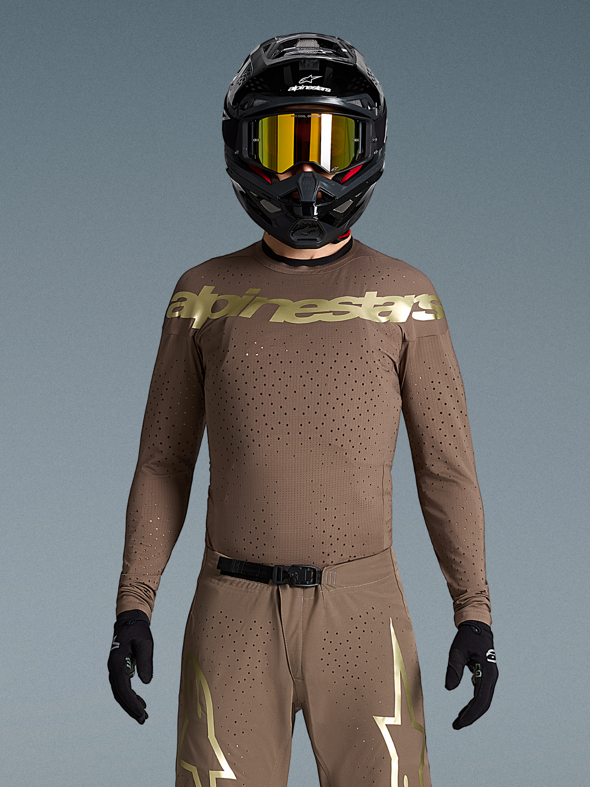 Alpinestars Supertech Air Gold Edição Limitada, camisola de motocross para homem, castanha e dourada, ventilação cortada a laser