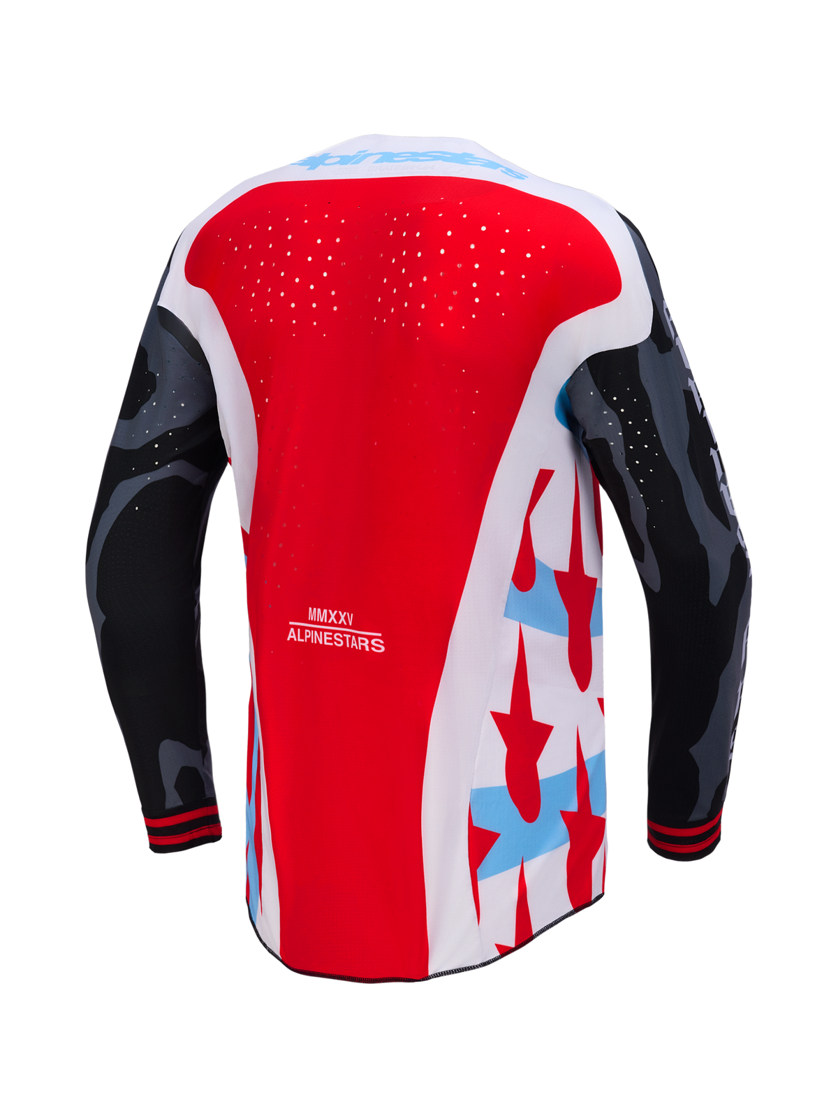Camisola Alpinestars Techstar Beast Coast Edição Limitada, vermelha e branca com perfurações a laser e ajuste de corrida.