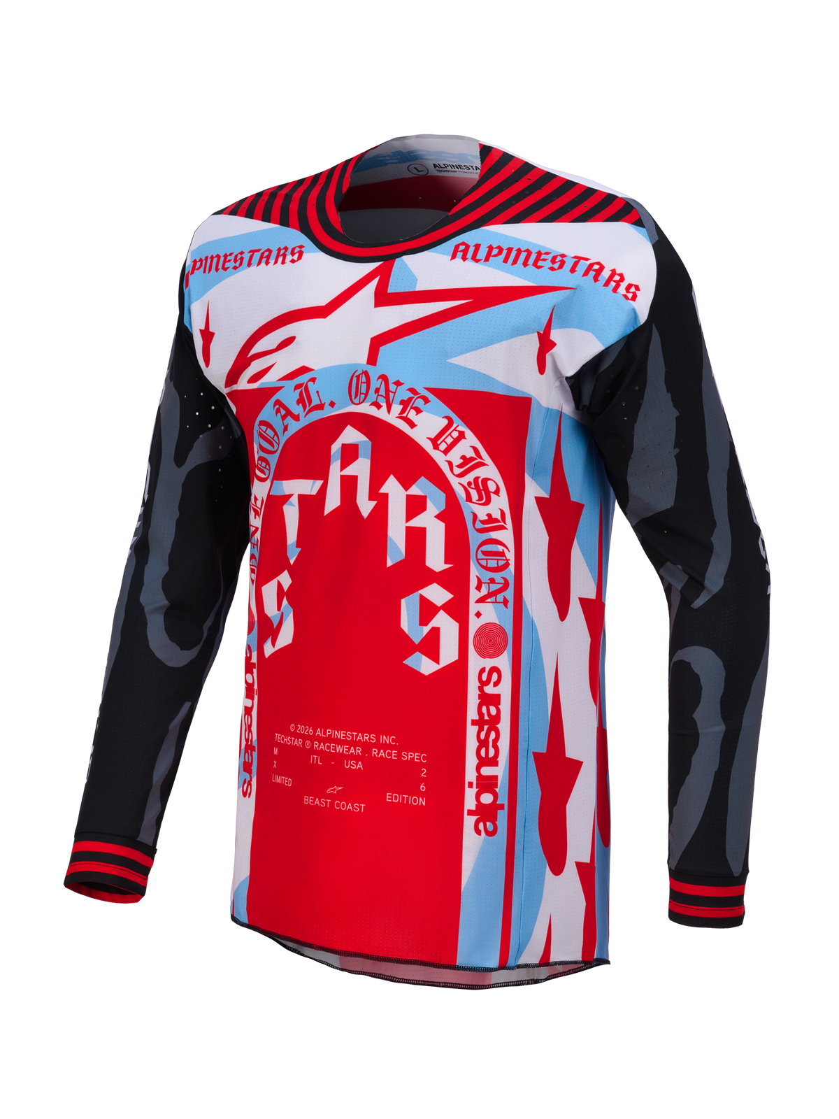 Camisola Techstar Beast Coast Edição Limitada, vermelha, branca e azul com mangas pretas e design desportivo de corrida.