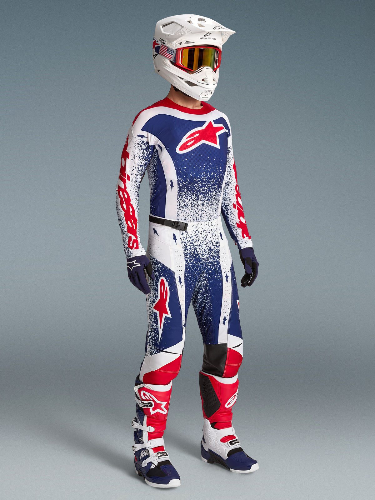 Alpinestars Techstar Unity edição limitada, camisola de motocross para homem, vermelha, branca e azul, ajuste de performance.