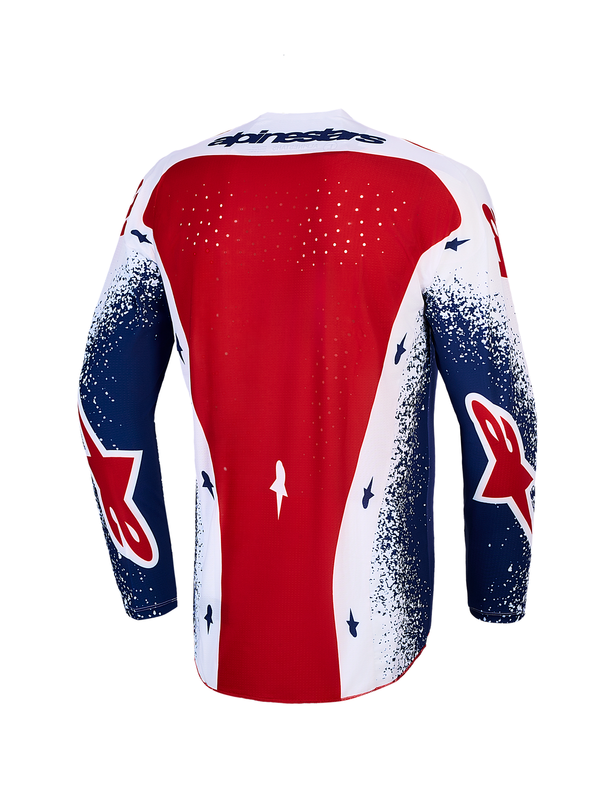Alpinestars Techstar Unity Jersey Limited Edition, camisola de motocross, vermelha, branca e azul, vista traseira ventilada.